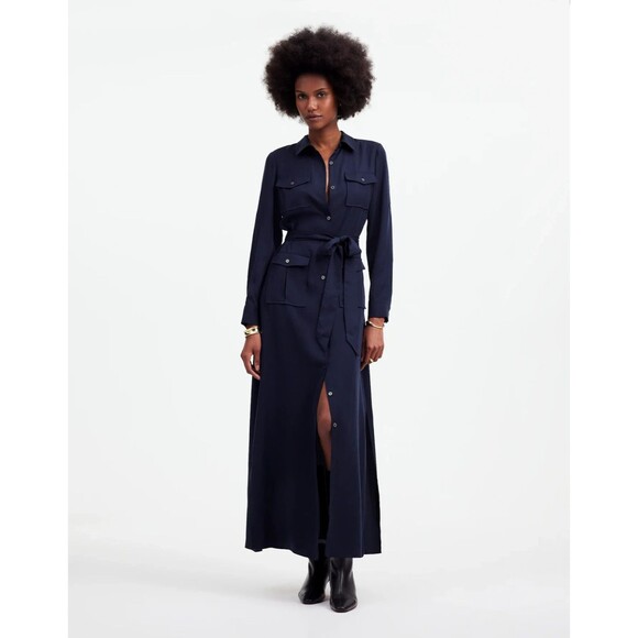 Madewell Large Utility Tie Waist Maxi Button Front Shirt Dress Navy Blue NWT - Picture 1 of 15